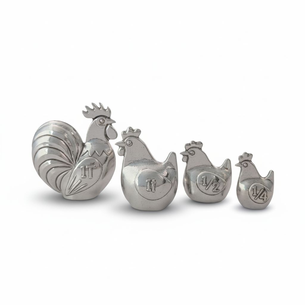 Rooster and hen shaped measuring spoons on a white background