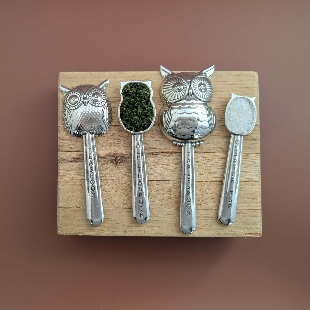 Pewter owl measuring spoons on wood