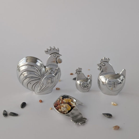 Chicken Measuring Spoons – Pewter Rooster & Hen Spoon Set – Standing Farmhouse Kitchen Decor – Handmade Gift for Chicken Lovers
