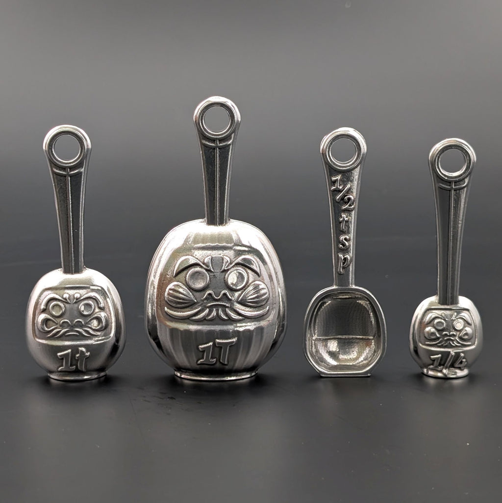 Daruma Measuring Spoon Set with Pewter & Oak Countertop Stand – handmade in Oregon