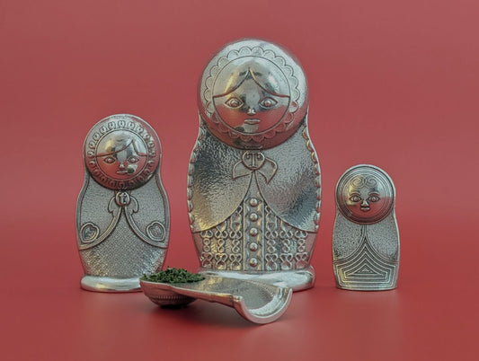 Matryoshka Measuring Spoons – Pewter Nesting Doll Set of 4 – Folk Art Kitchen Gift
