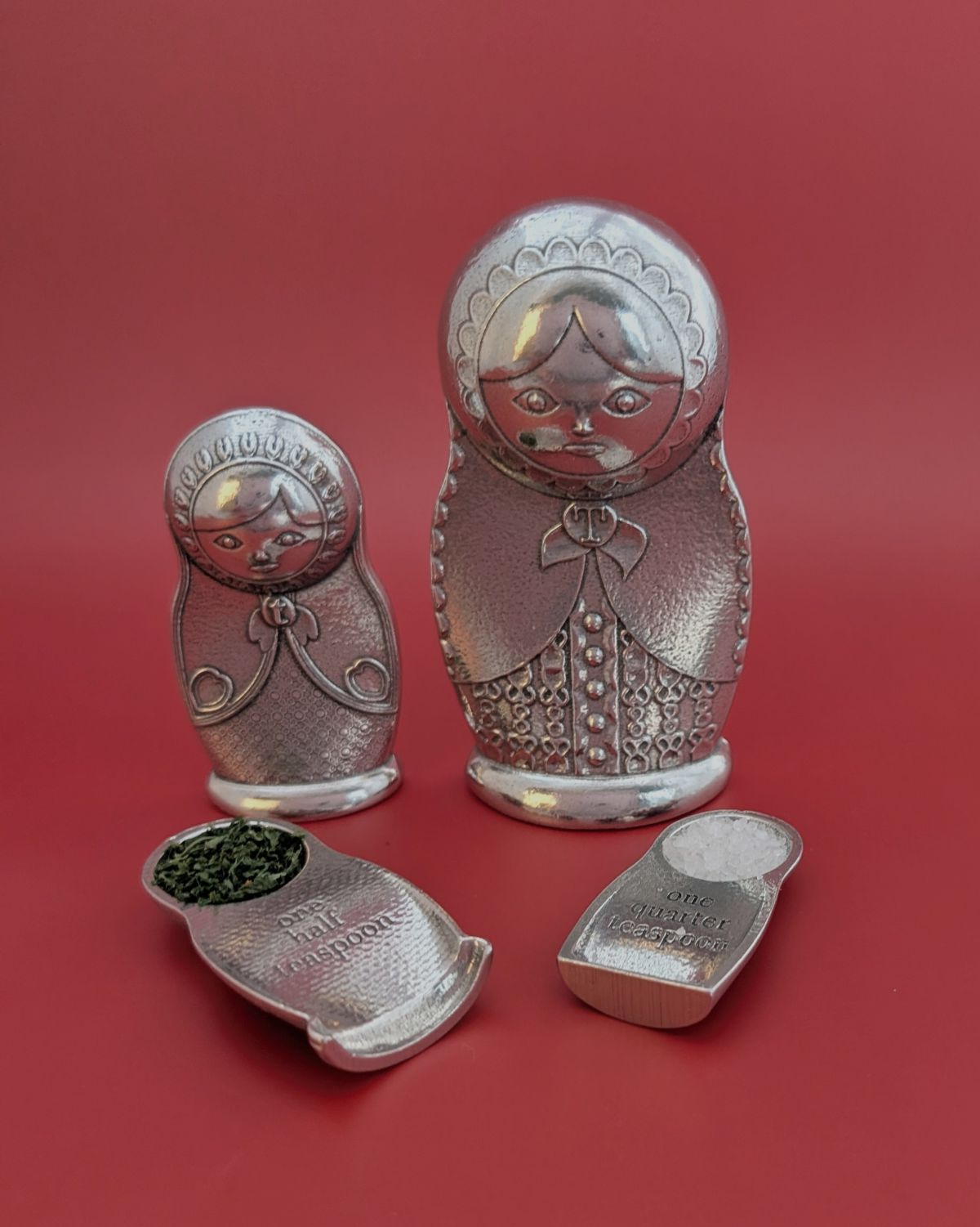 Matryoshka Measuring Spoons – Pewter Nesting Doll Set of 4 – Folk Art Kitchen Gift