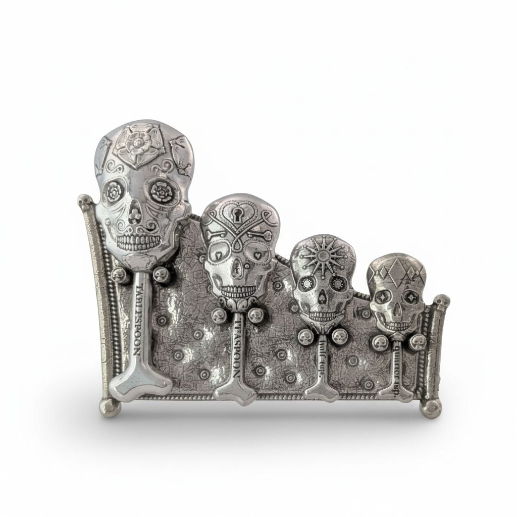 Pewter skull measuring spoons on display stand. White background.
