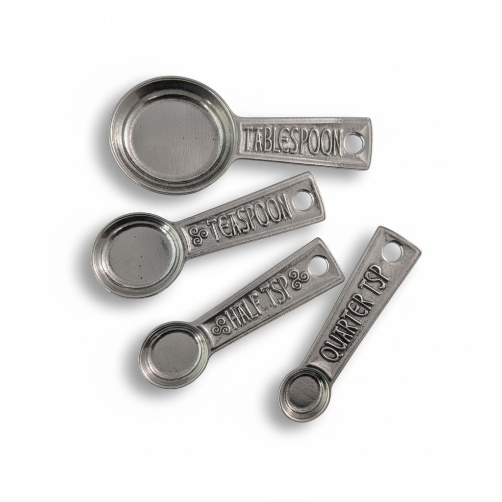 Set of pewter measuring spoons with engraved measurements on a white background