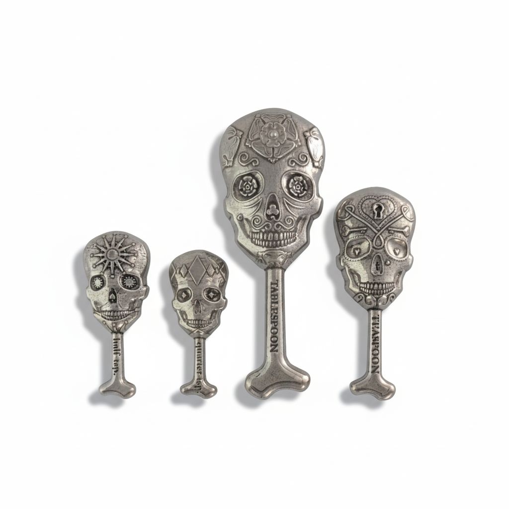 Set of four decorative skull-shaped spoons on a white background