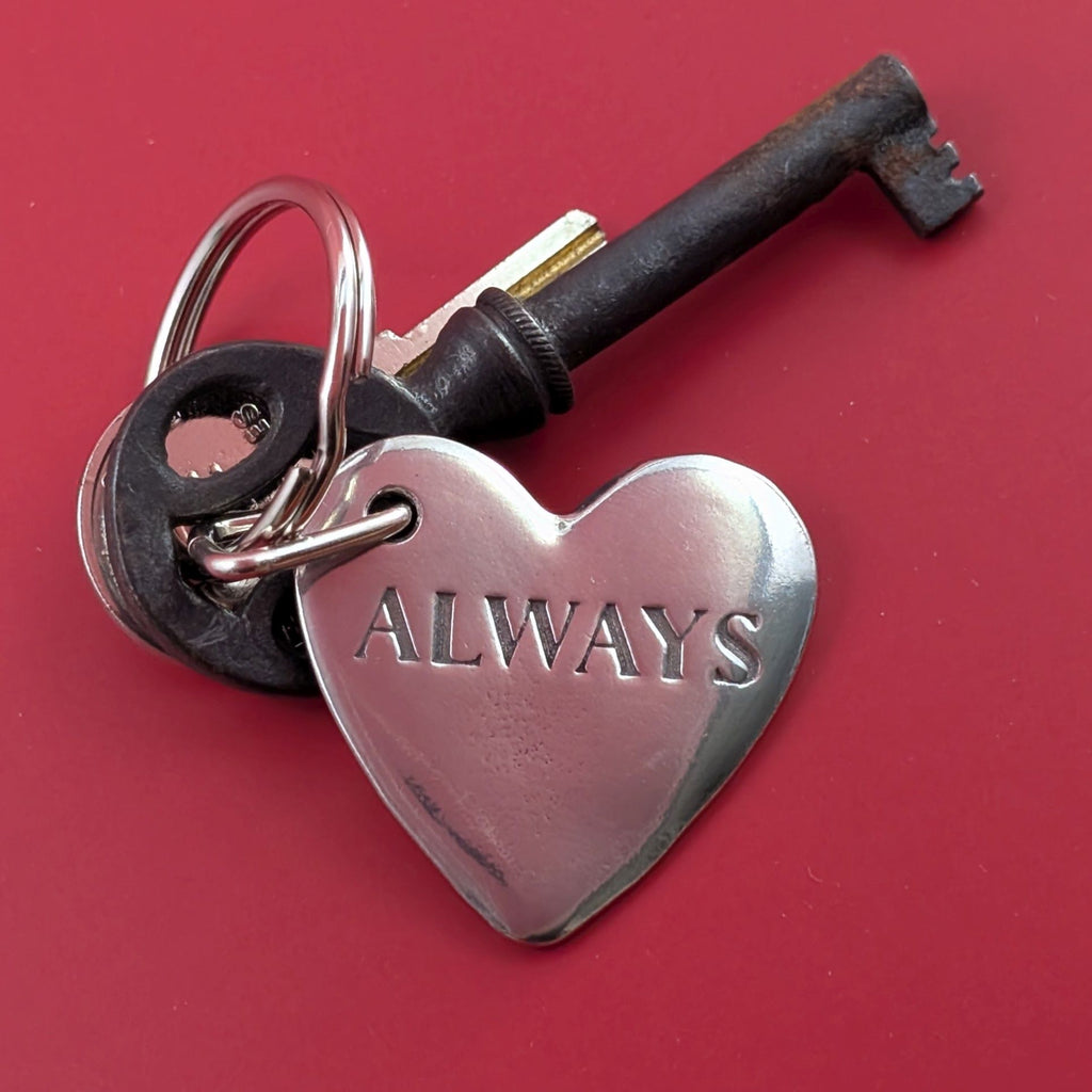 Roosfoos hand crafted pewter Keychain with heart-shaped tag reading 'ALWAYS' on a red background