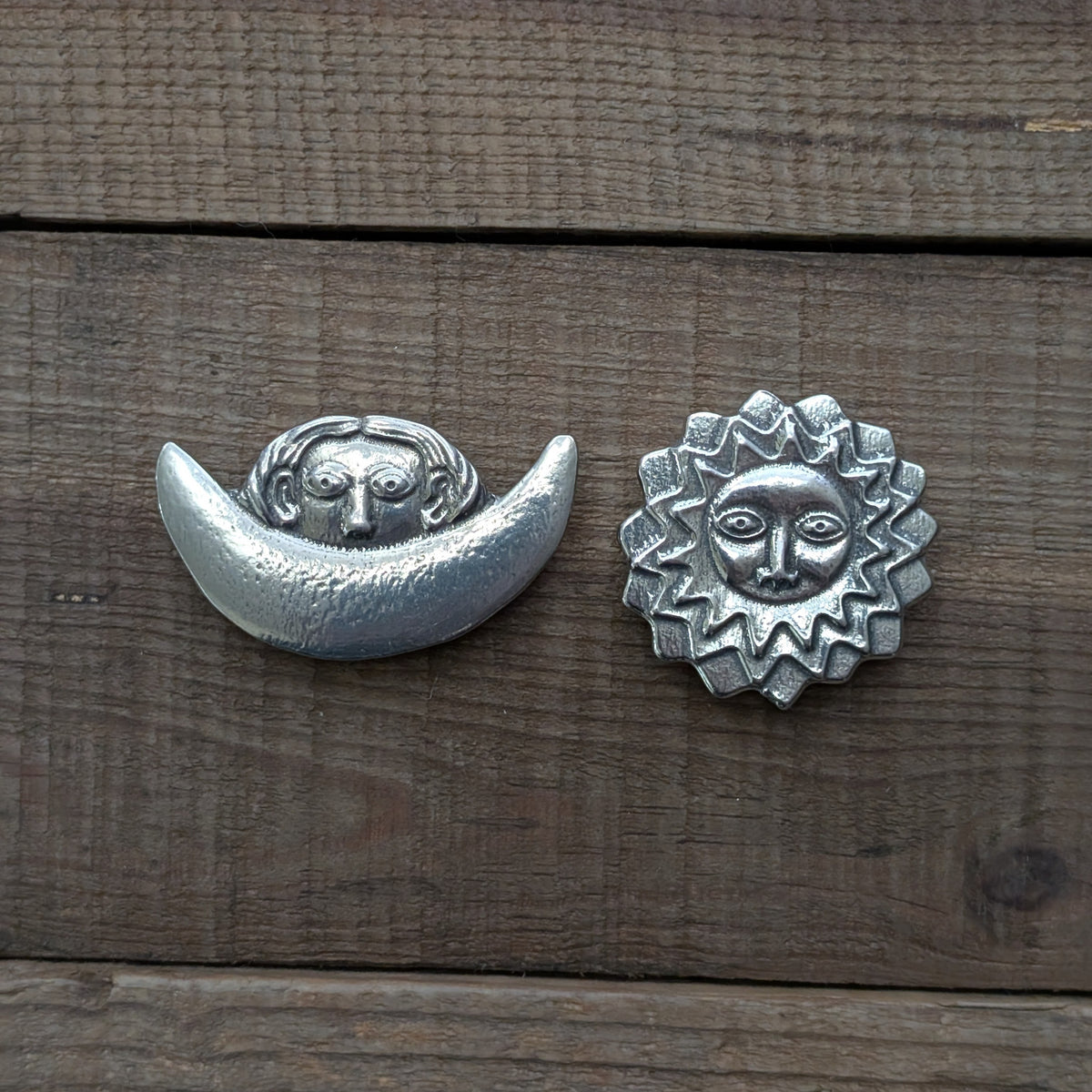 Celtic Sun and Moon Magnet Pair – alternate view, handmade pewter