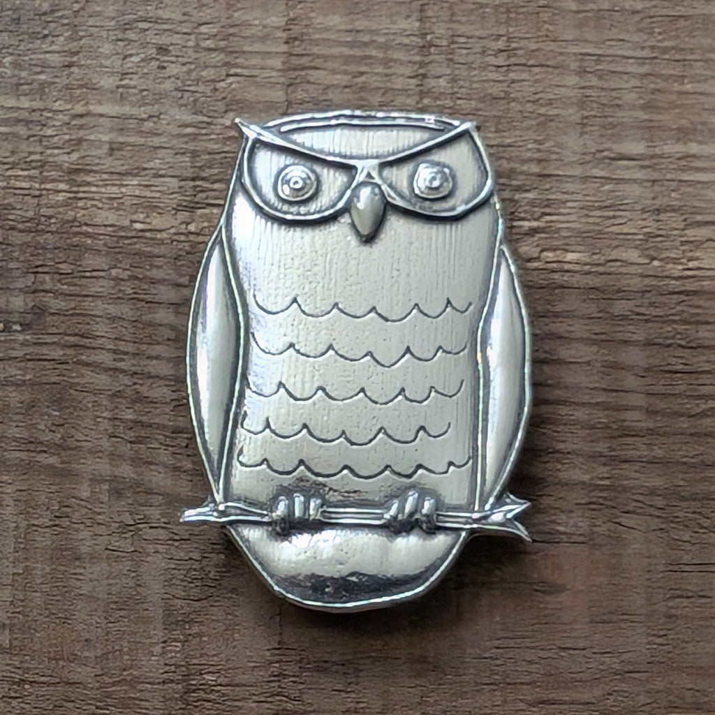 Cornelius the Owl Magnet – alternate view, handmade pewter