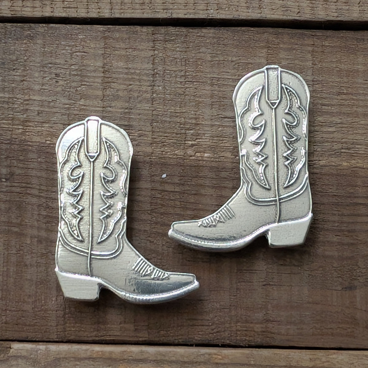Cowboy Boots Magnet Pair – close-up of stitching detail, handmade pewter