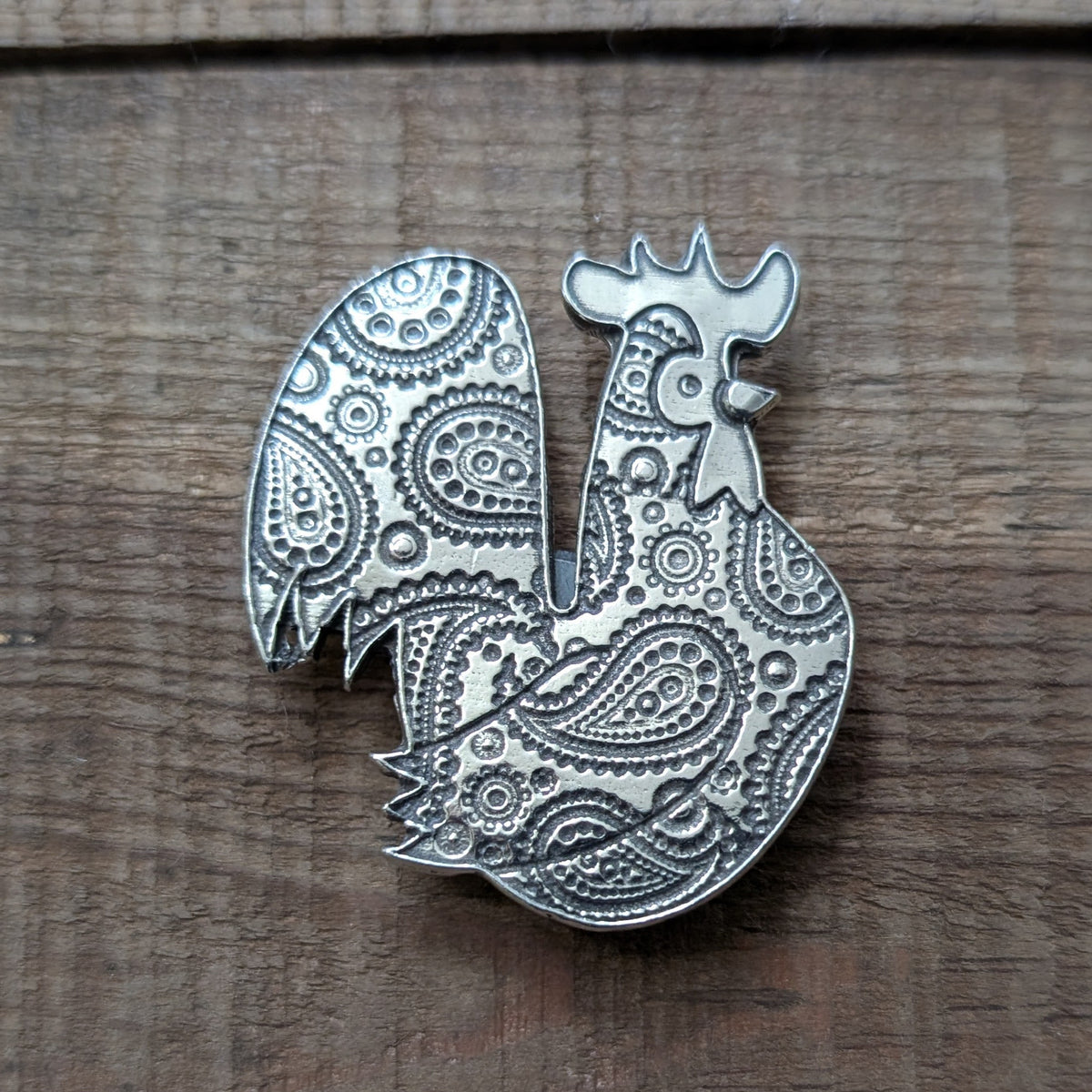 Paisley Rooster Magnet – handmade pewter, made in Oregon