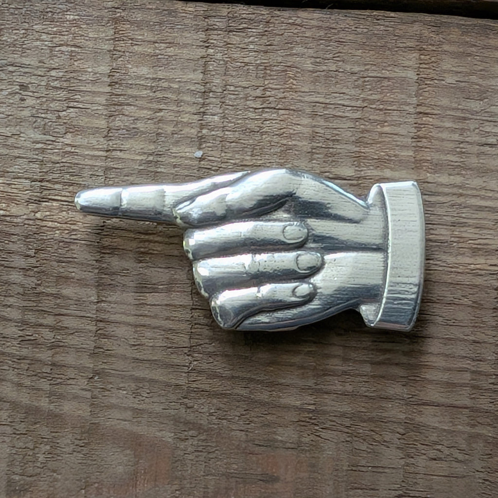 Pointing Hand Magnet – alternate view, handmade pewter