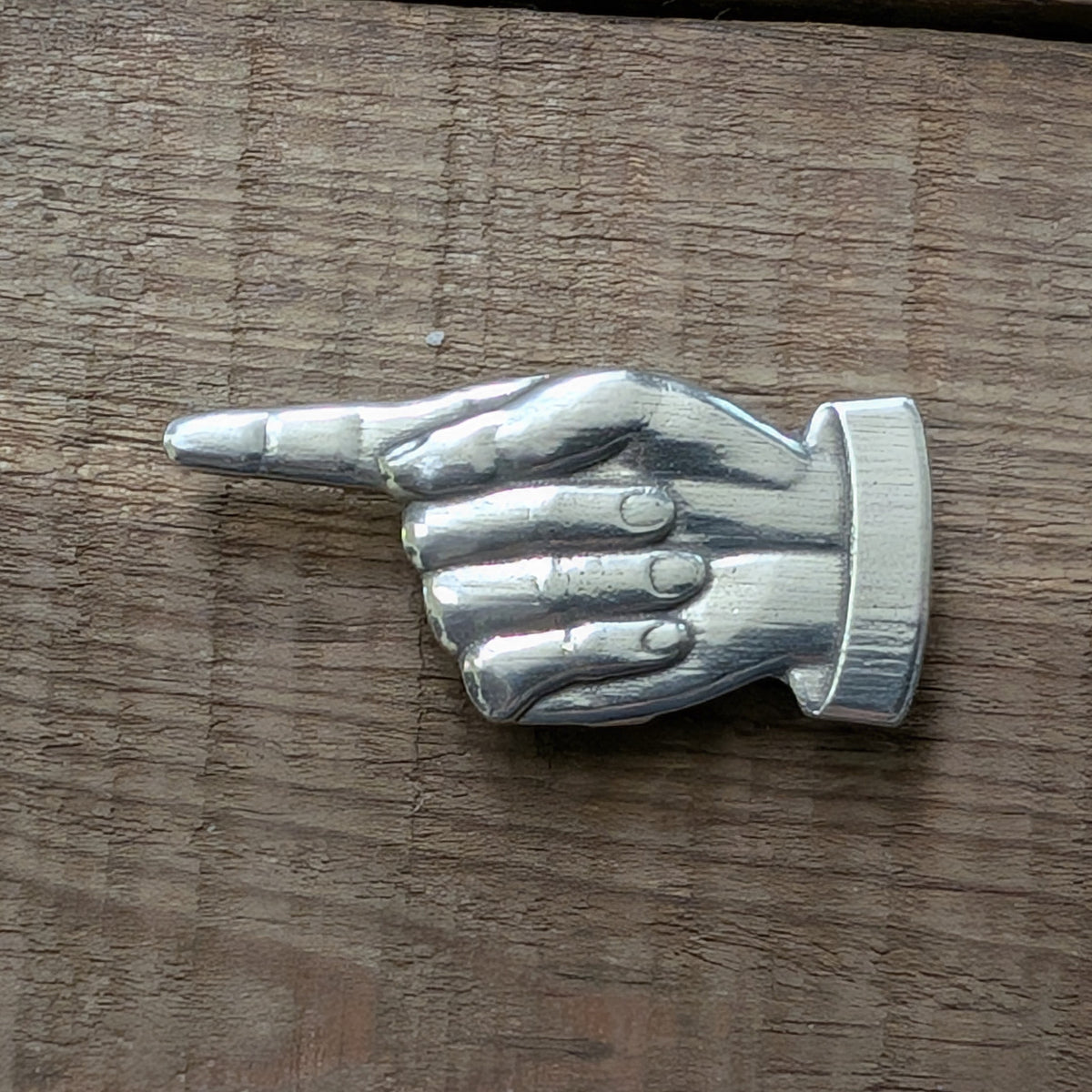 Pointing Hand Magnet – alternate view, handmade pewter