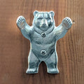 Pewter bear wall hook product photo on a white background, front view with arms raised