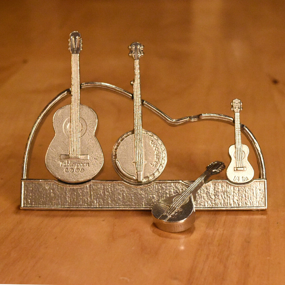 Americana Measuring Spoons with Display Stand- Stringed Instruments- Musical Strings- Guitar, Banjo, Mandolin, Ukulele