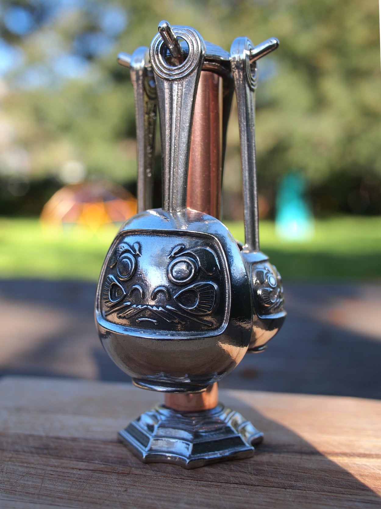 Daruma Measuring Spoons with Display Stand- Dharma Spoons of Luck and Perseverance- Pewter and Copper