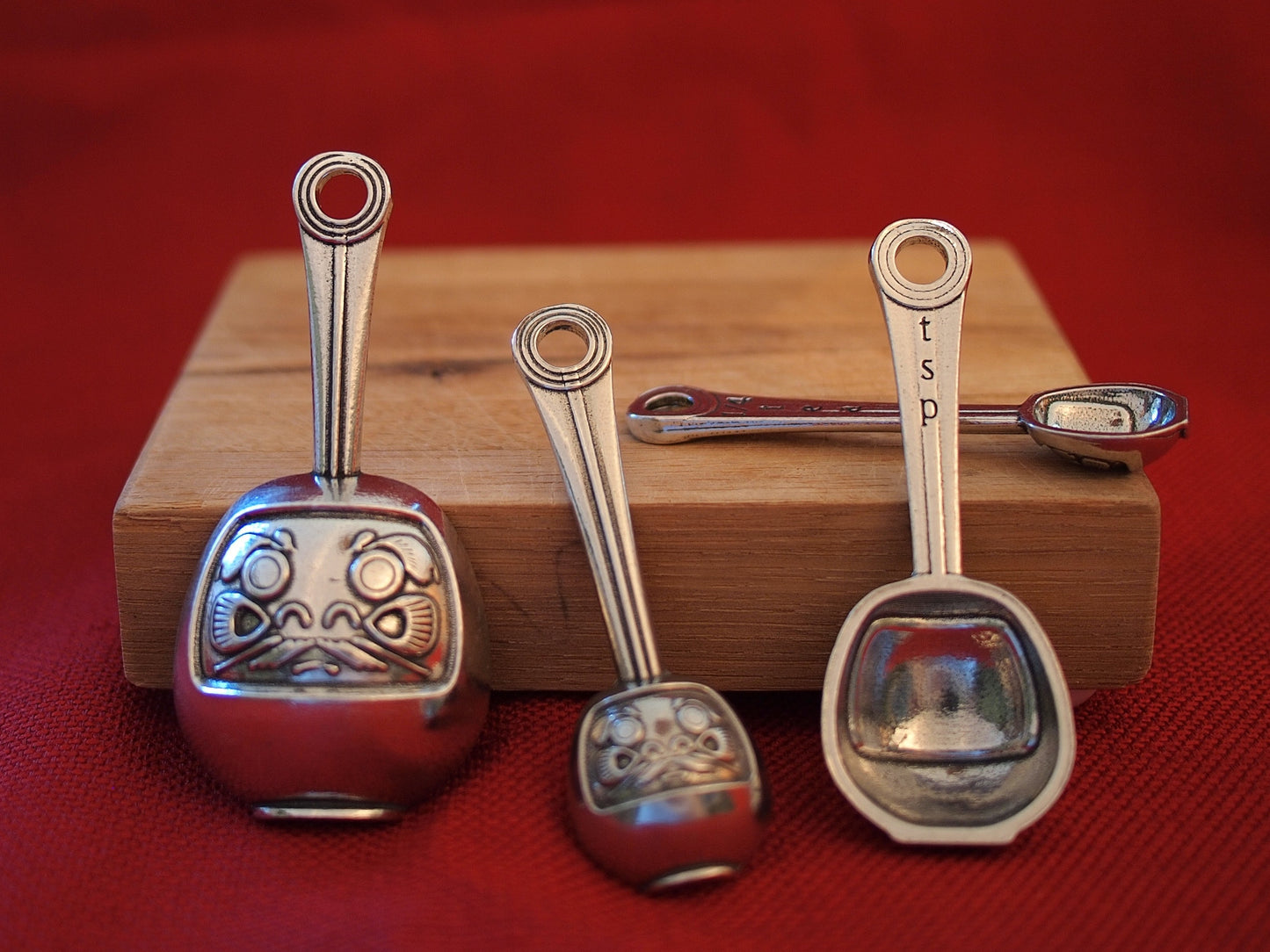 Daruma Measuring Spoons with Display Stand- Dharma Spoons of Luck and Perseverance- Pewter and Copper