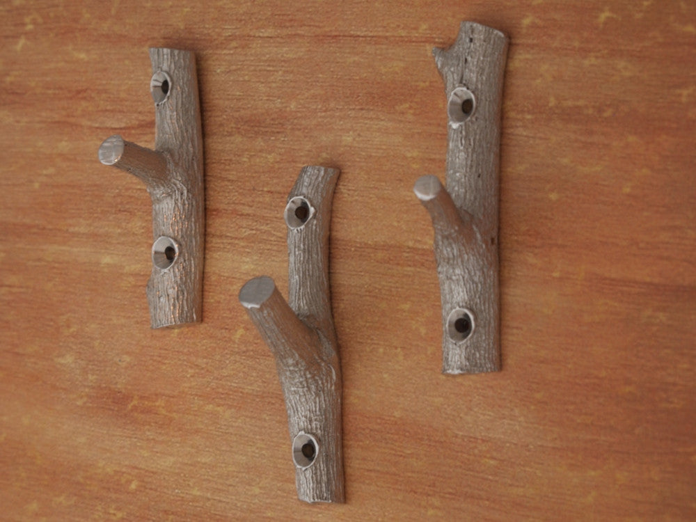 Three Branch Hooks- Pewter Wall/Coat Hooks Molded from a Flowering Cherry Tree